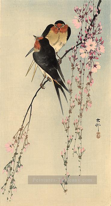 deux hirondelles de grange sur les oiseaux de cerisier Ohara KOSON fleurissant Peintures à l'huile